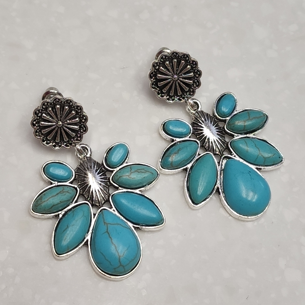 Turquoise and Silver Floral Dangle Earrings NWT